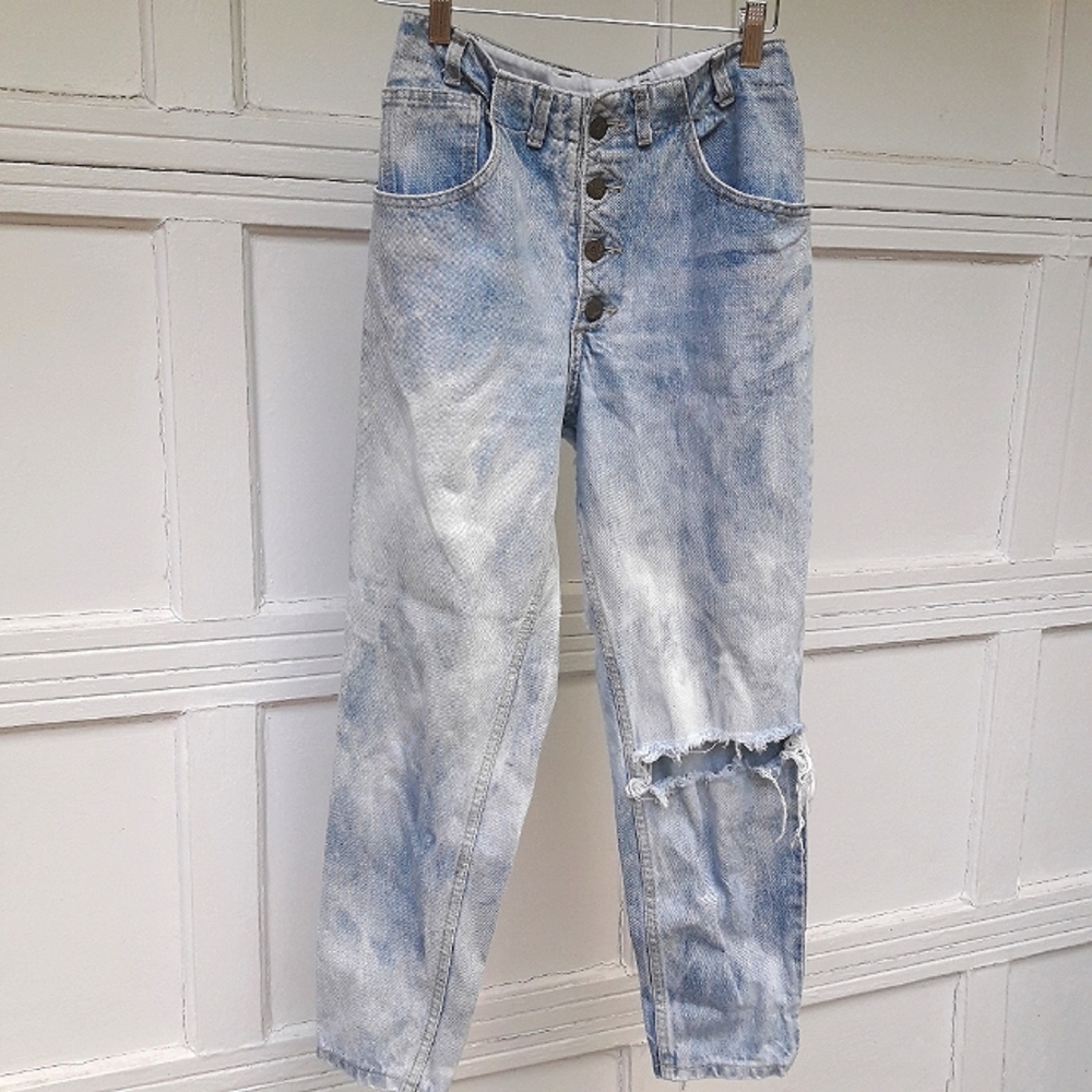 Vintage Guess Jeans Skinny VTG 80s Button Fly Distressed paint acid wash sz 28